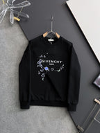 Black crewneck sweatshirt with blue floral wreath graphic and white chest text