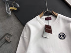 White crewneck sweatshirt detail view, Gucci emblem patch on right chest