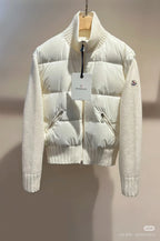 Moncler padded jacket with front zip, quilted chest panels, ribbed cuffs, white