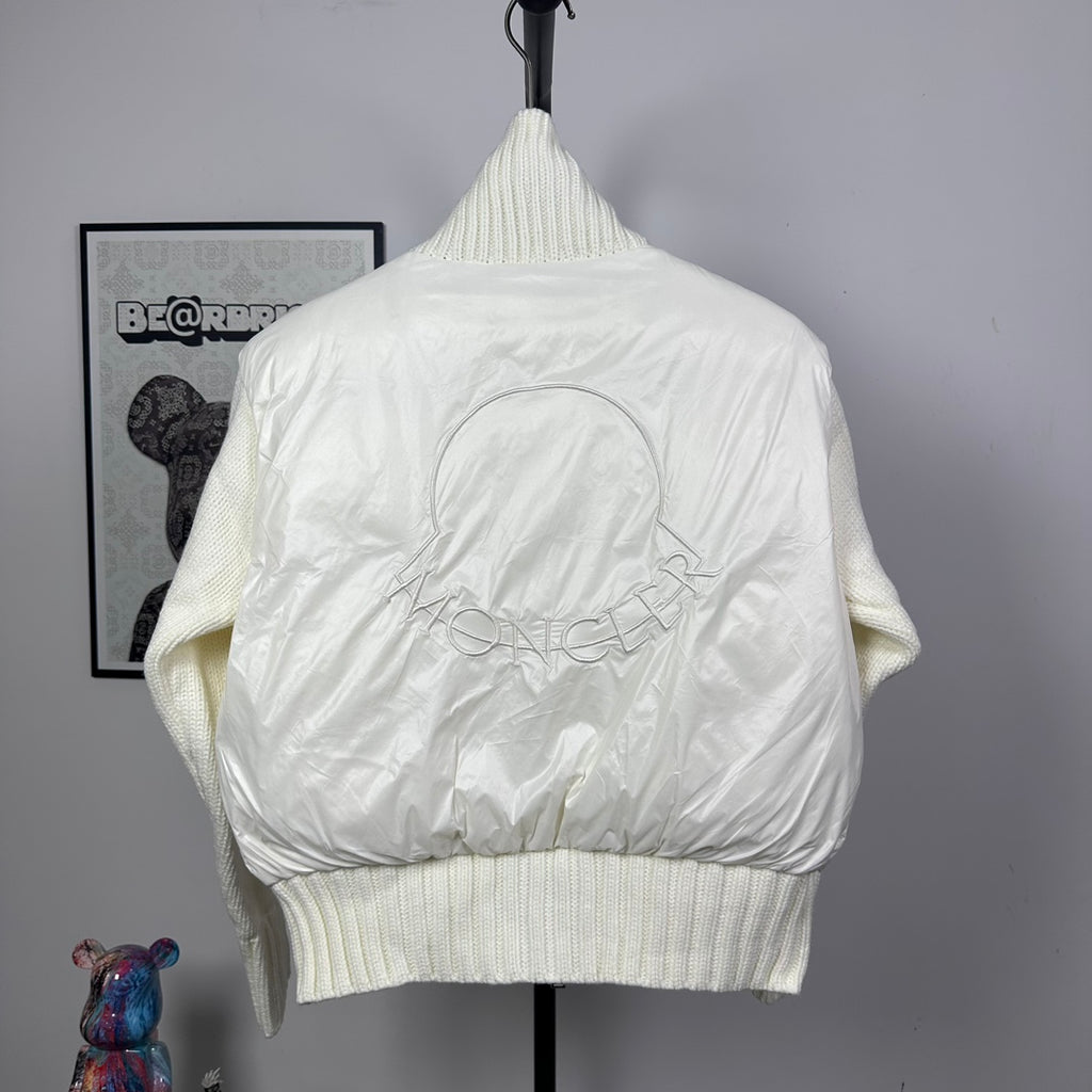 Long puffer jacket, back view, off-white with large MONCLER-style embossed logo