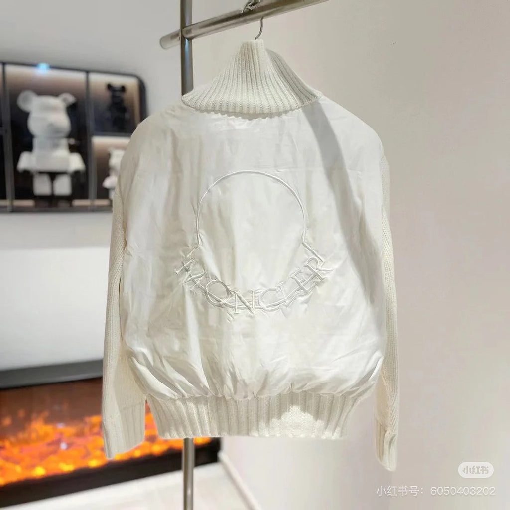 Moncler padded jacket, back view with large Moncler logo and ribbed hem, white