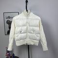 Moncler long puffer jacket in off-white with front zipper and knit ribbed cuffs