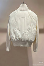 Moncler padded jacket, back view with large logo, ribbed hem, full sleeves, white