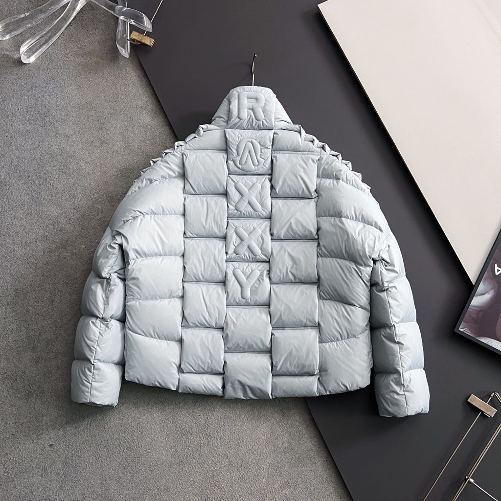 Moncler light puffer jacket with hood and full buttoned front, hanger view