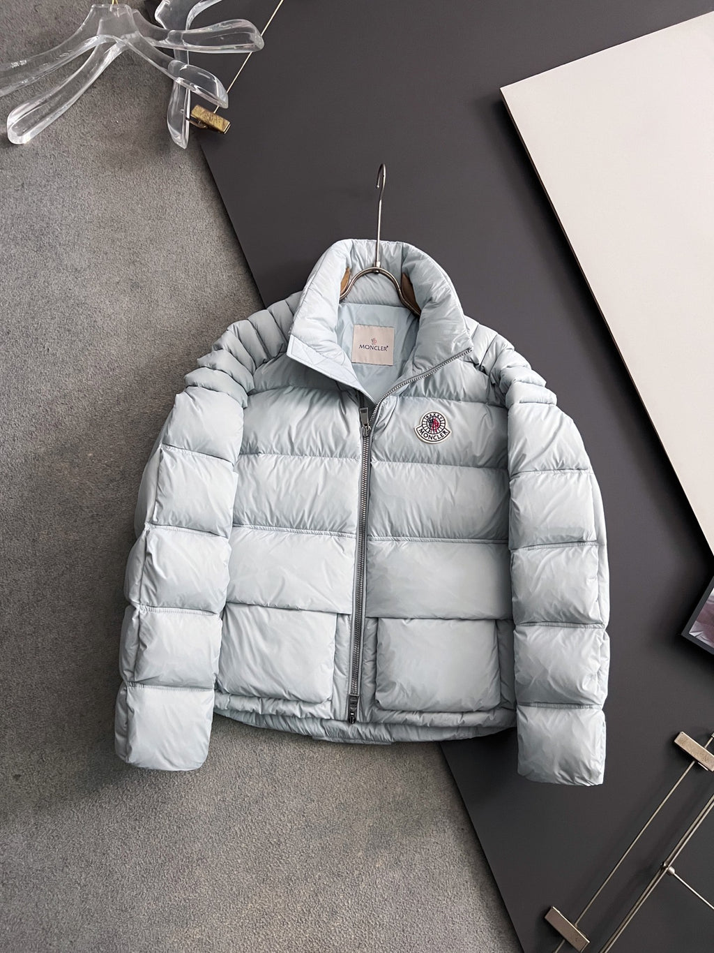 Moncler light puffer jacket with hood, full front zipper, round chest logo patch