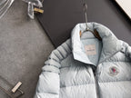 Moncler light puffer jacket with hood, front zipper, chest logo patch detail