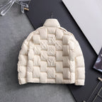 Moncler long puffer jacket, cream, back view with centered letter patch
