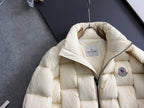 Moncler long puffer jacket, cream, front view with zipper and interior neck label