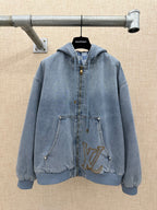 Light blue denim zip-up hoodie jacket with hood and front pockets, gold LV logo