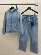 Light blue denim jacket with hood and denim pants, shown side by side