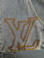 Denim long garment with embroidered LV-style monogram in gold thread