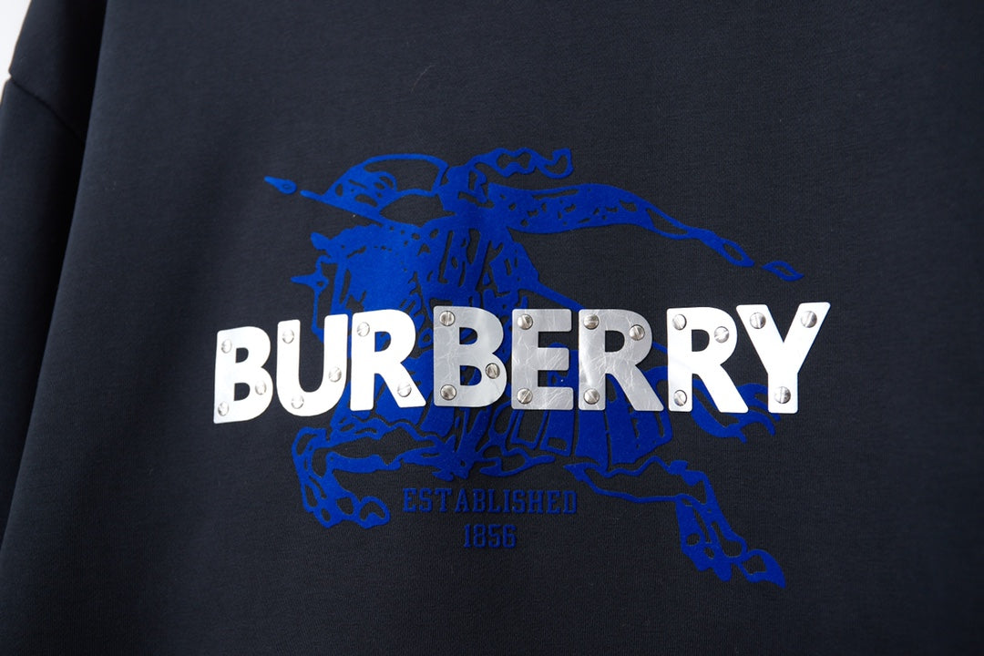 Burberry hoodie front graphic with large BURBERRY logo in blue and white