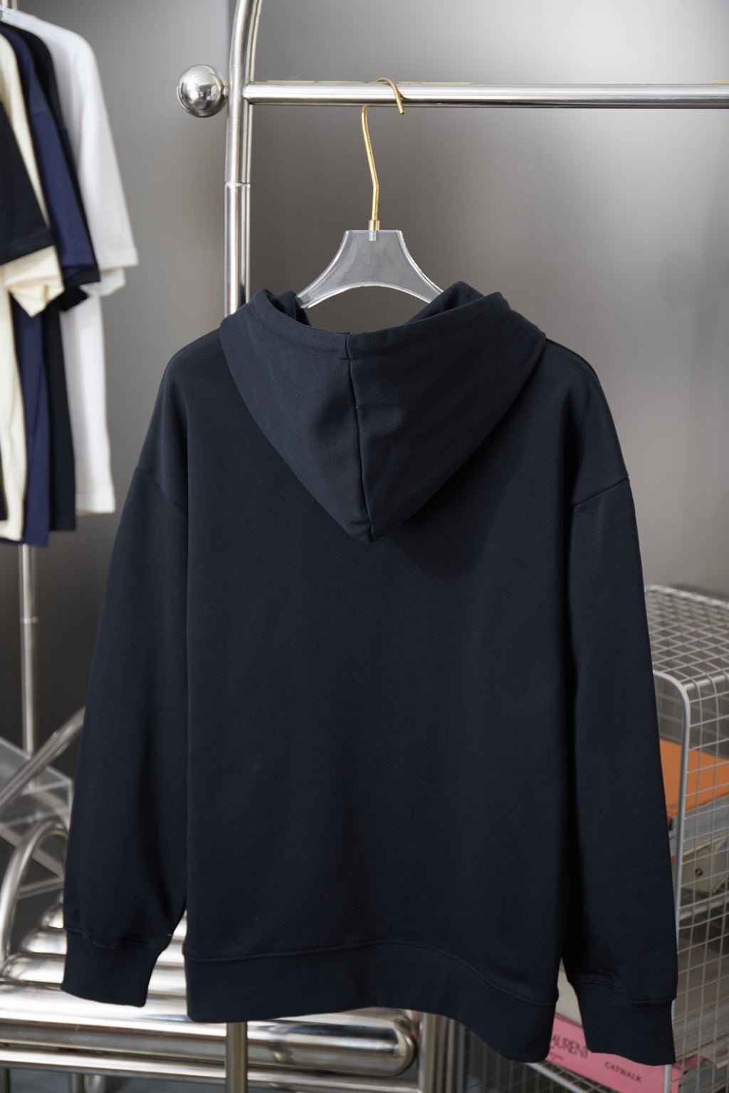 Burberry navy hoodie with hood and long sleeves, back view