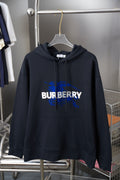 Burberry navy hoodie with hood, front pouch pocket, and blue logo graphic