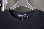 Black crewneck sweatshirt neckline with ribbed collar and woven tag