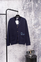 Navy long-sleeve cardigan with front buttons and blue Dior logo detail