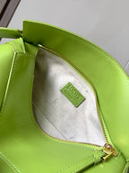 Loewe men’s lime-green leather bag interior pocket with gray fabric lining and zipper