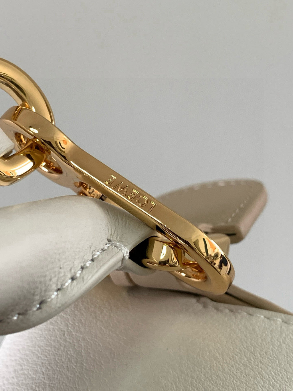 Loewe bag close-up: gold clasp hardware on light beige strap