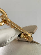 Loewe bag close-up: gold clasp hardware on light beige strap