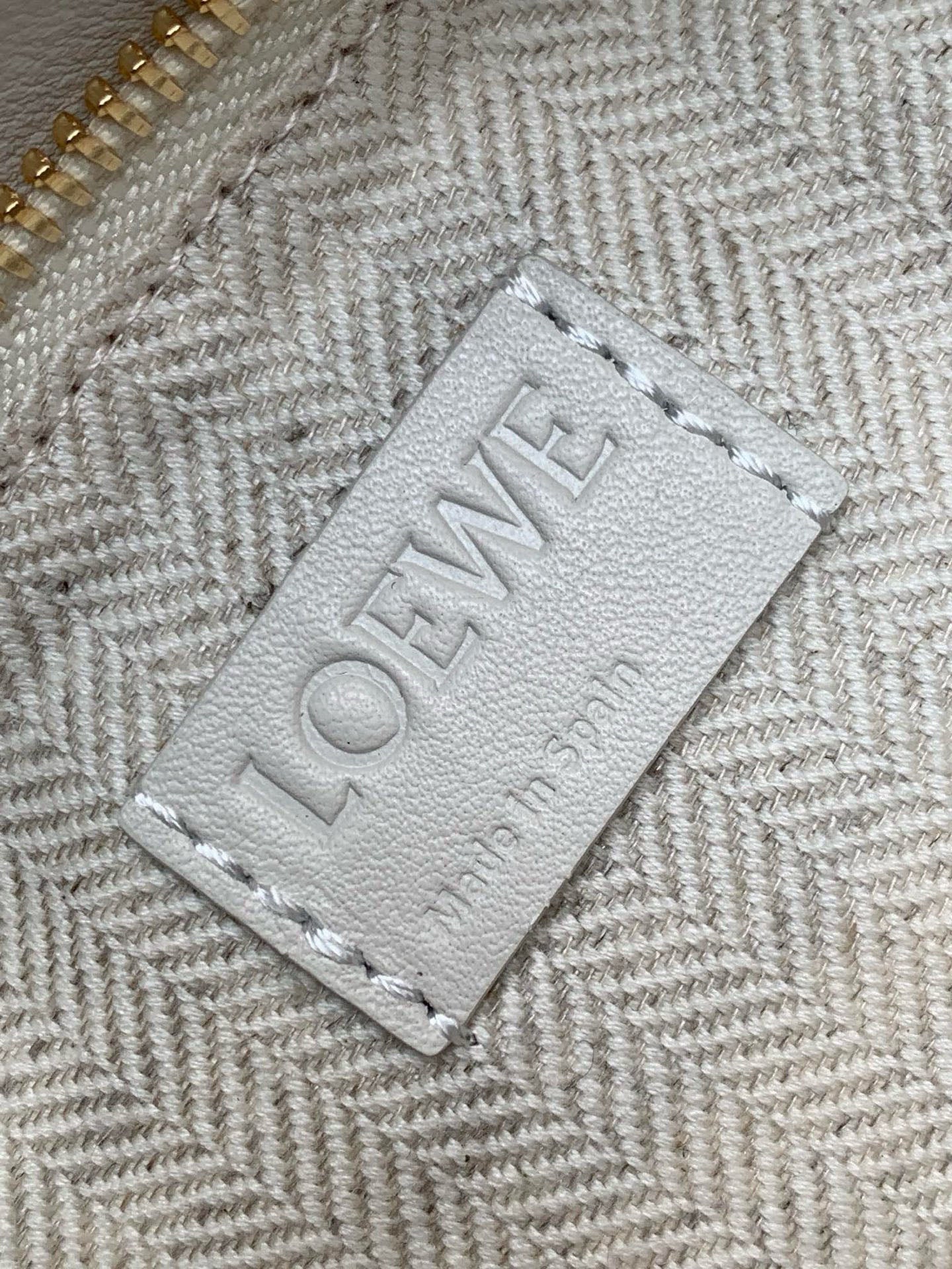 Loewe bag interior label close-up with “LOEWE” text on light fabric