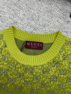 Gucci knit sweater neckline in lime green with ribbed collar and GG pattern