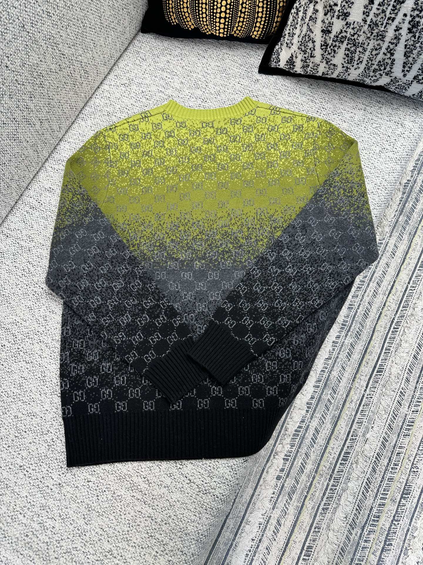 Gucci long-sleeve knit sweater in lime green and dark gray with GG print
