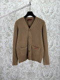 Beige rib-knit V-neck cardigan sweater with front button placket and pockets