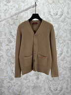 Beige rib-knit V-neck cardigan sweater with front button placket and pockets