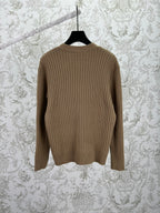 Beige rib-knit cardigan sweater back view with vertical rib pattern