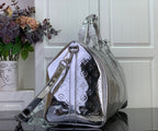 Louis Vuitton metallic silver duffel bag with monogram and shoulder strap