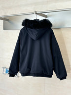 Hooded zip-up jacket with dark faux-fur trimmed hood and front zipper