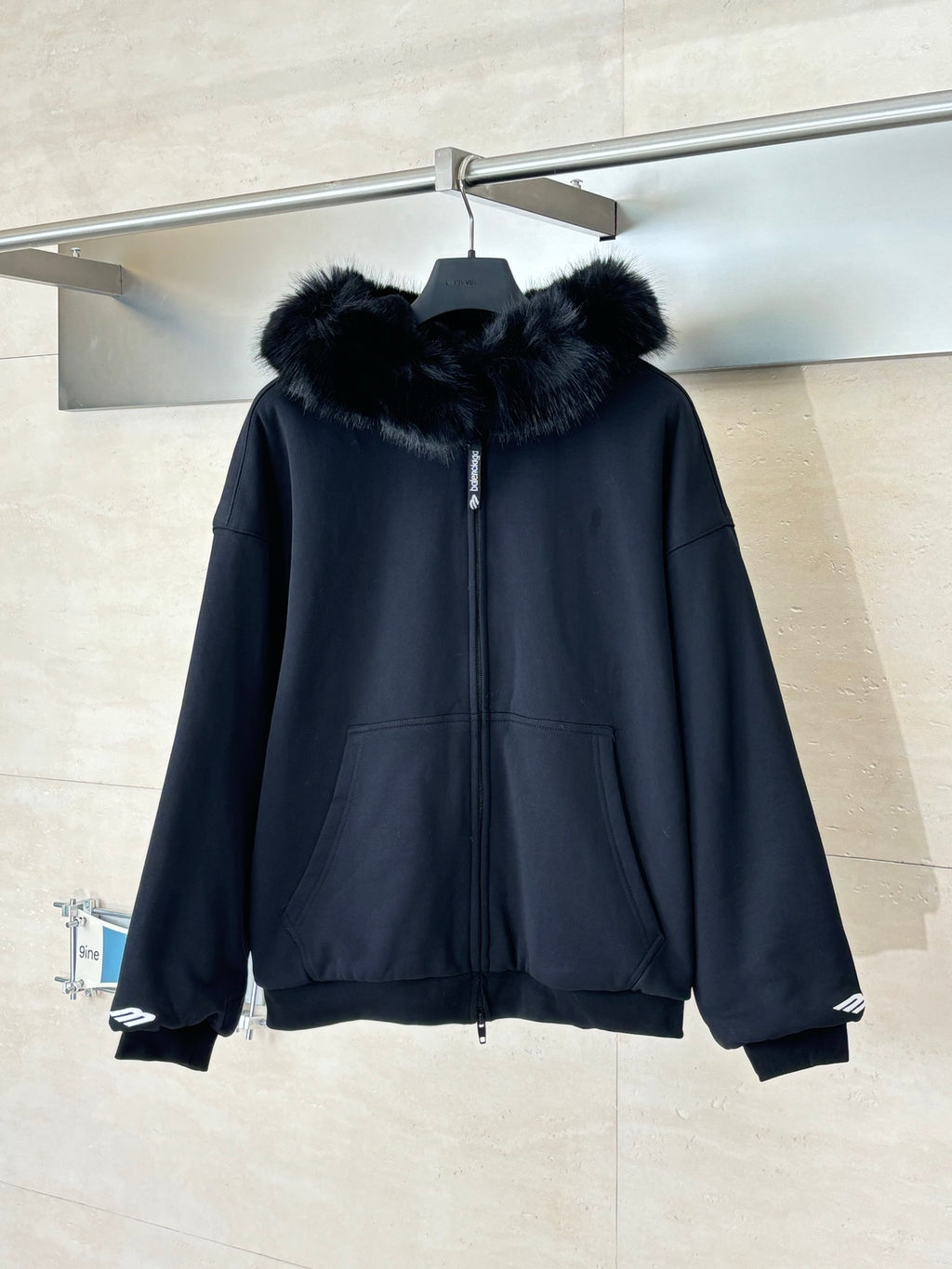 Balenciaga hooded zip-up jacket with dark faux-fur collar, front zipper and pockets