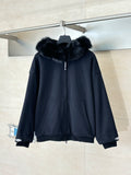 Balenciaga hooded zip-up jacket with dark faux-fur collar, front zipper and pockets
