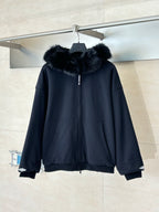 Balenciaga hooded zip-up jacket with dark faux-fur collar, front zipper and pockets