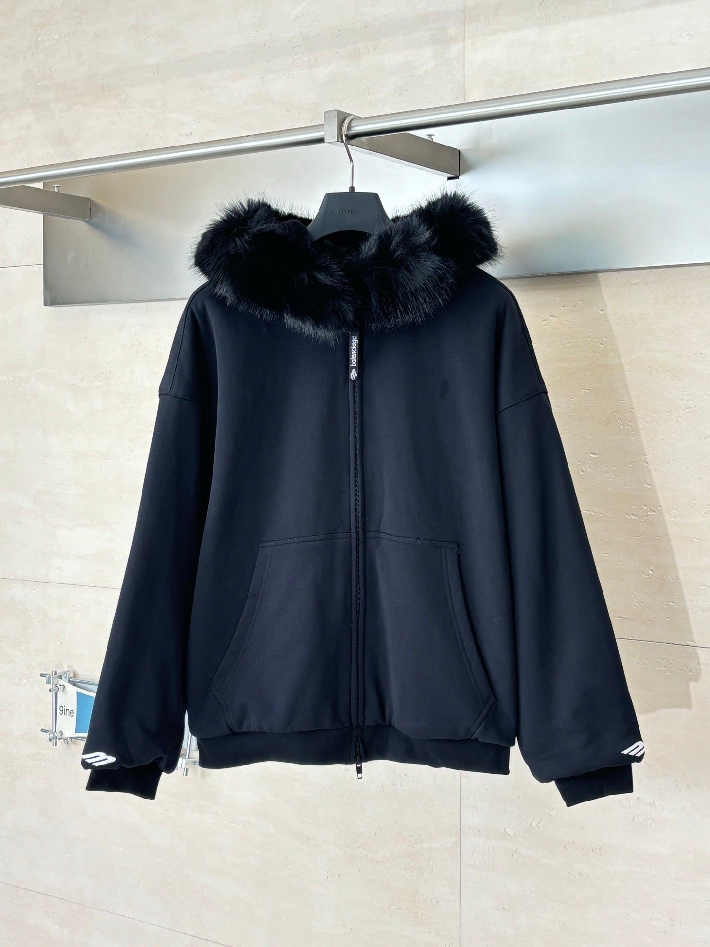 Balenciaga hooded zip-up jacket with dark faux-fur collar, front zipper and pockets
