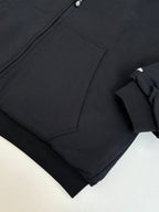 Zip-up jacket fabric close-up with angled seam and pocket panel