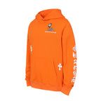 Orange long-sleeve hoodie with hood, front pocket, and sleeve graphics