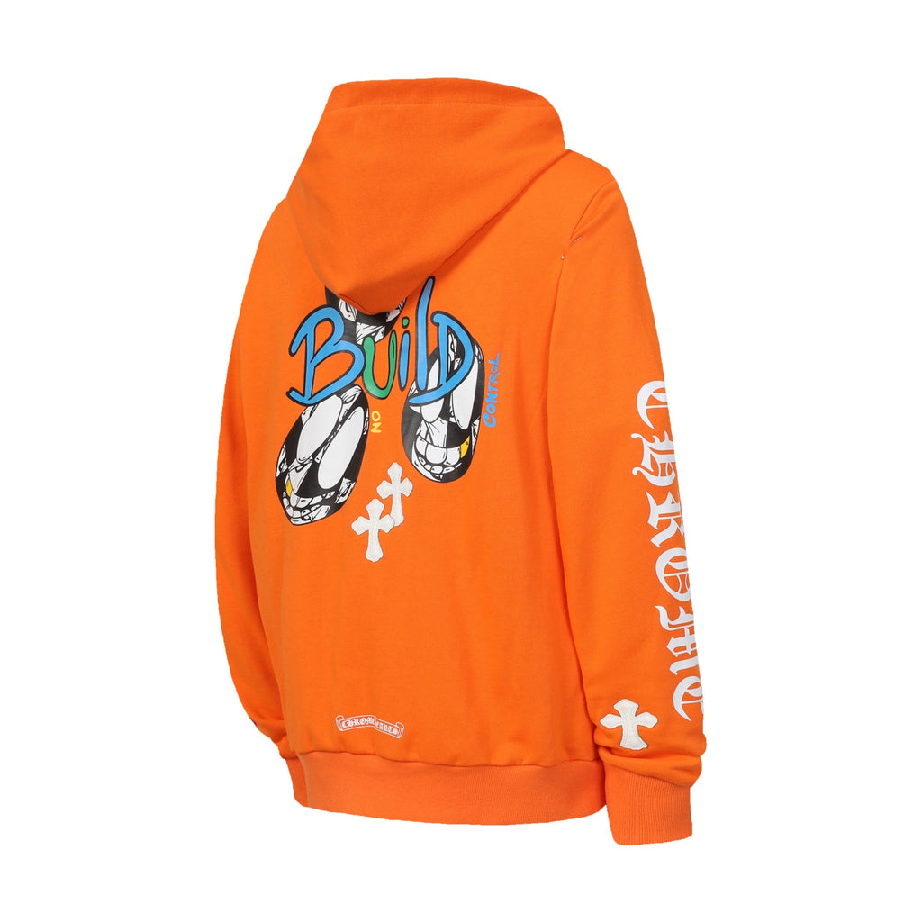 Orange hoodie with hood, back “Build” graphic, and side sleeve print