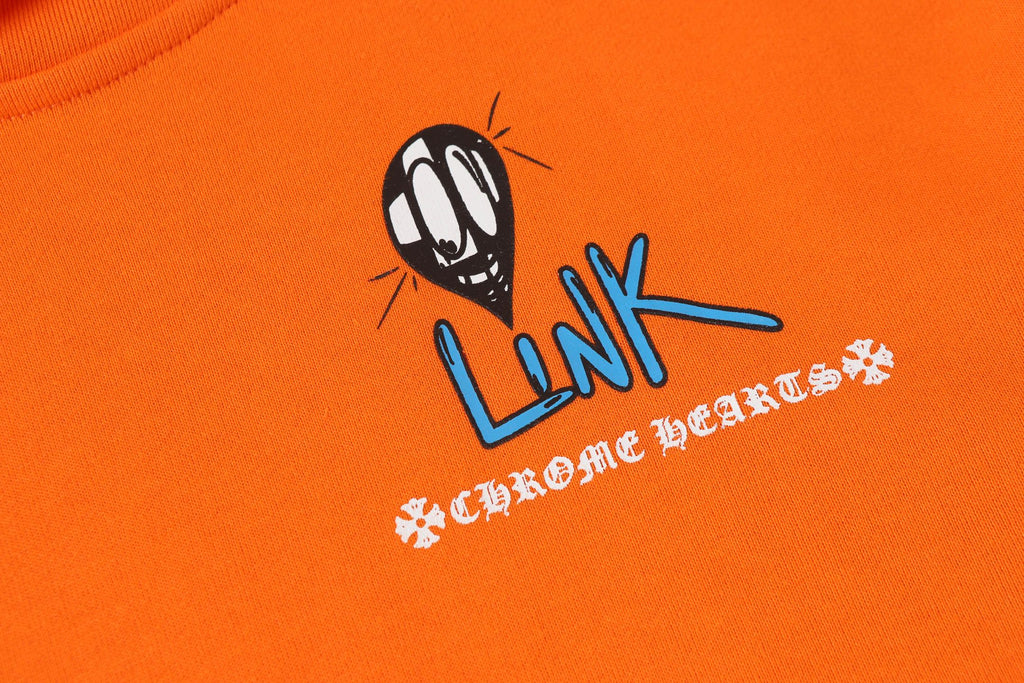 Orange hoodie front with “Link” character logo and white text