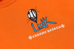 Orange hoodie front with “Link” character logo and white text