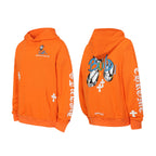 Orange long-sleeve hoodie with hood and chest logo graphic