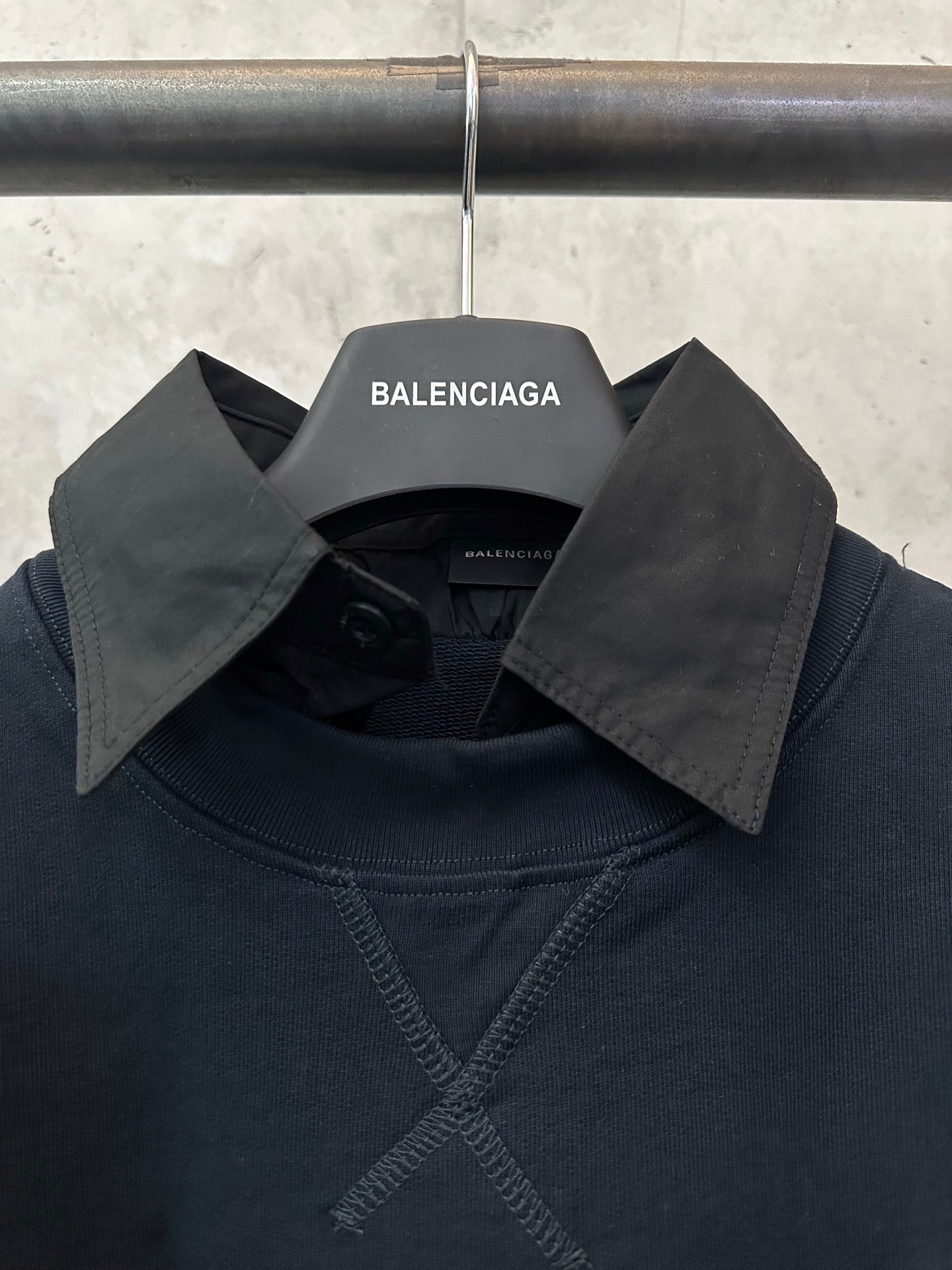 Balenciaga sweatshirt neck detail with collared insert and stitched neckline