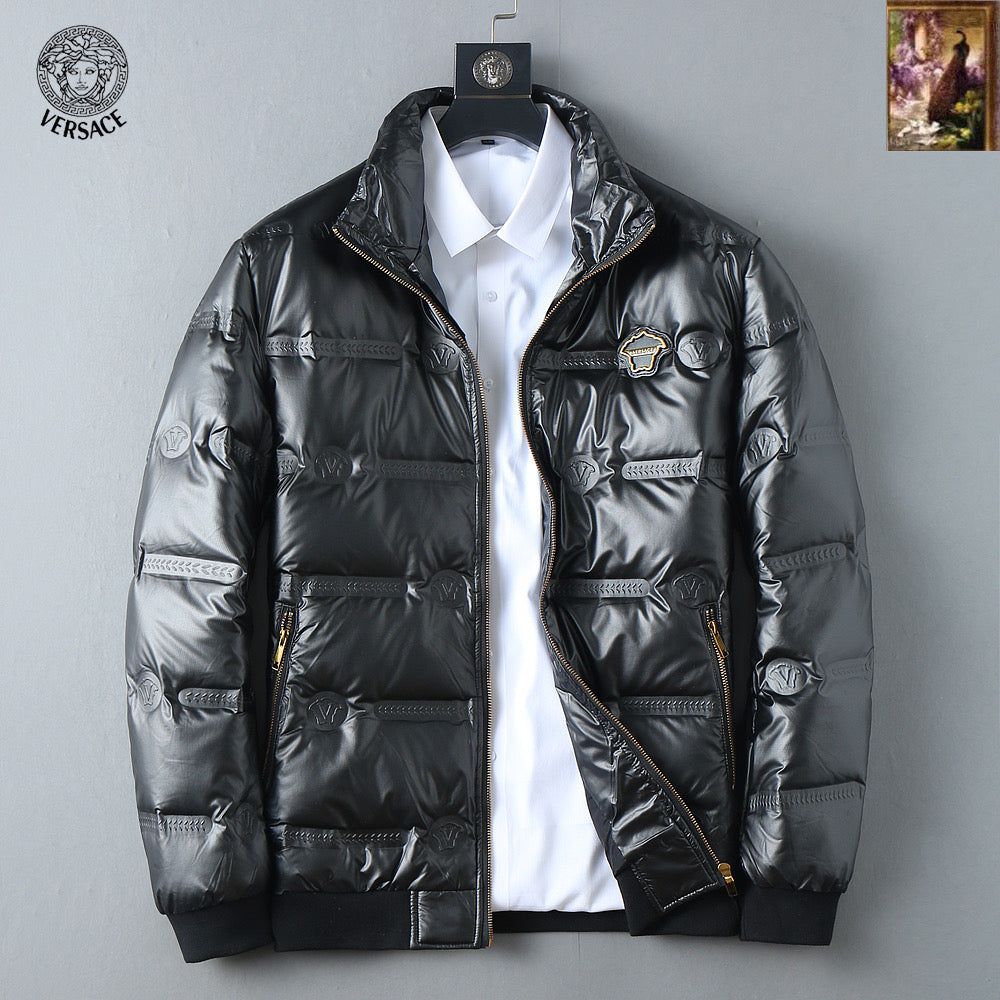 Versace puffer jacket in black with stand collar and front zipper