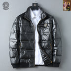 Versace puffer jacket in black with stand collar and front zipper