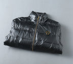 Versace puffer jacket, dark with gold zipper and logo patch