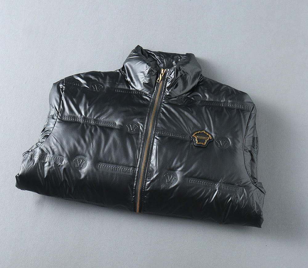 Versace puffer jacket, dark with gold zipper and logo patch