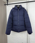 Navy hooded puffer jacket with full-zip front and front pockets