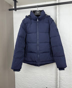 Navy hooded puffer jacket with full-zip front and front pockets