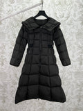 Black long puffer coat with hood, zip front, and belted waist