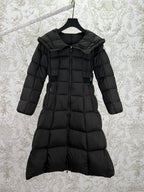 Black long puffer coat with hood, zip front, and belted waist